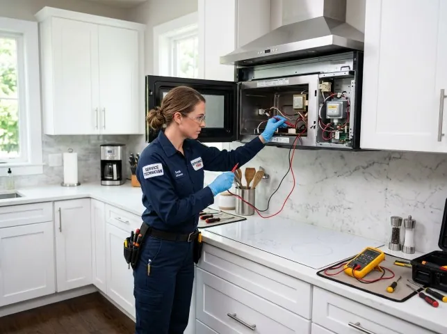 Appliance Repair Hero technician testing an over-the-range microwave in a Beasley, TX kitchen